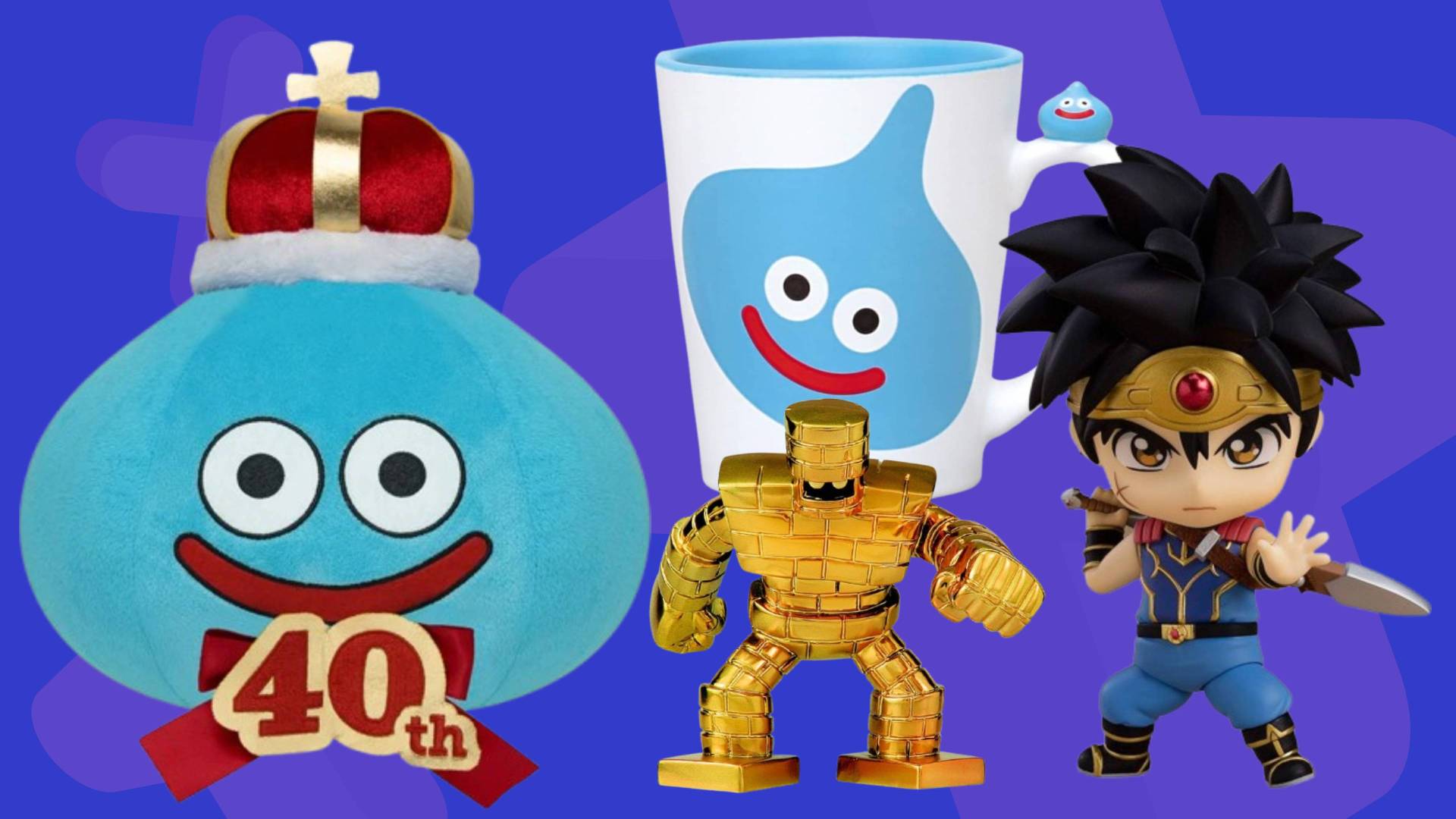 Image of a collection of Dragon Quest merch on a blue GamesRadar+ background.