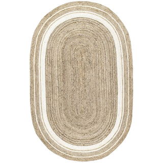 oval jute rug with white accent stripe