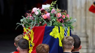 The coffin of Britain's Queen Elizabeth II is carried into the Westminster Abbey in London on September 19, 2022 for her funeral.