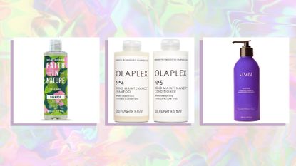A composite image of three of the best vegan shampoo and conditioner, on an iridescent pastel background.