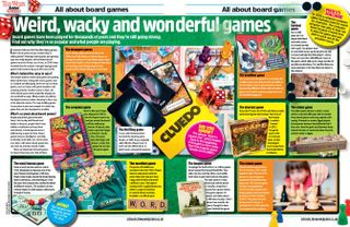 Magazine spread with colourful board game images