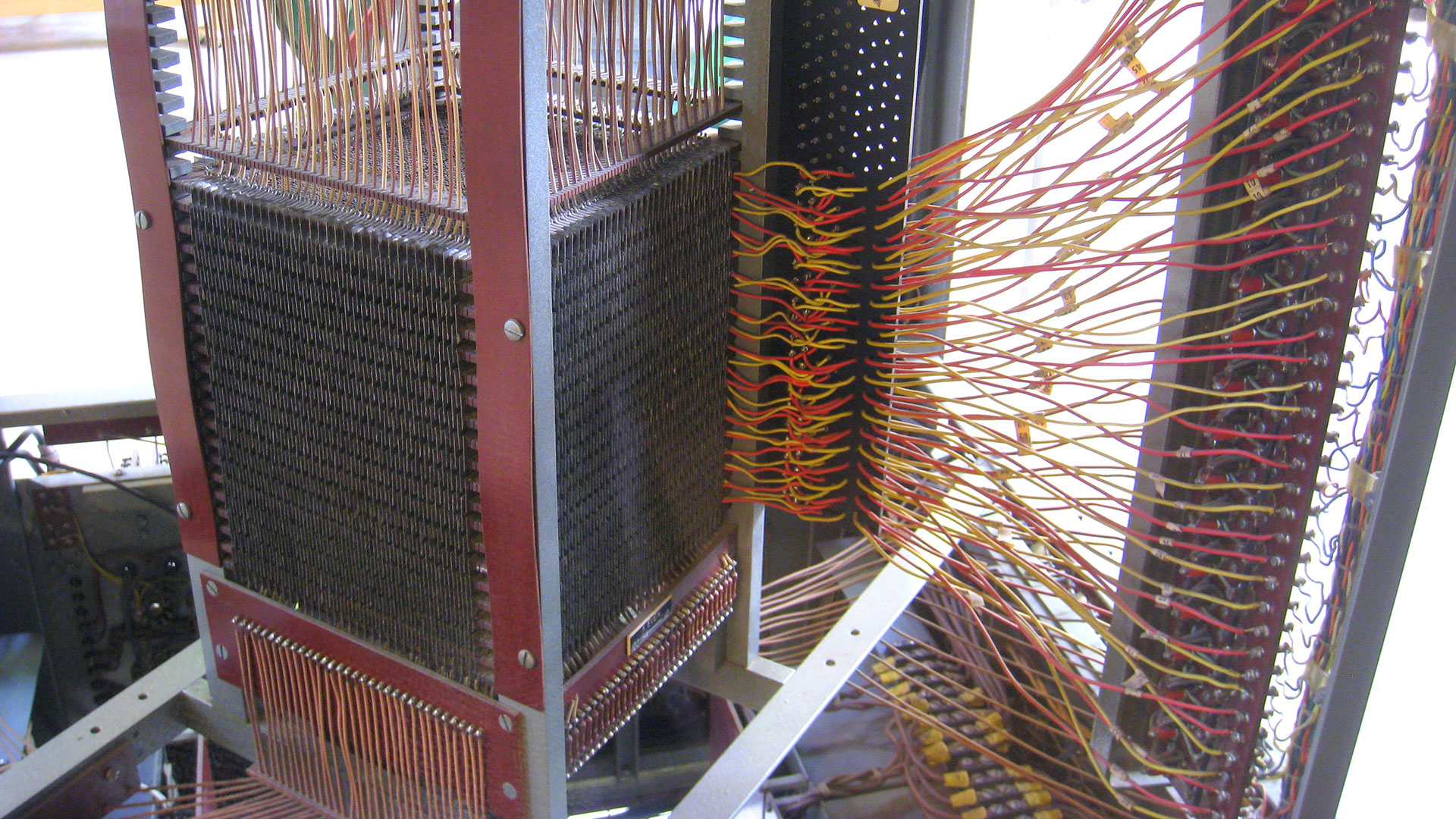 Project Whirlwind - core memory, circa 1951, developed at MIT Lincoln Laboratory, Massachusetts, USA. Museum sign describes capacity as 2Kb