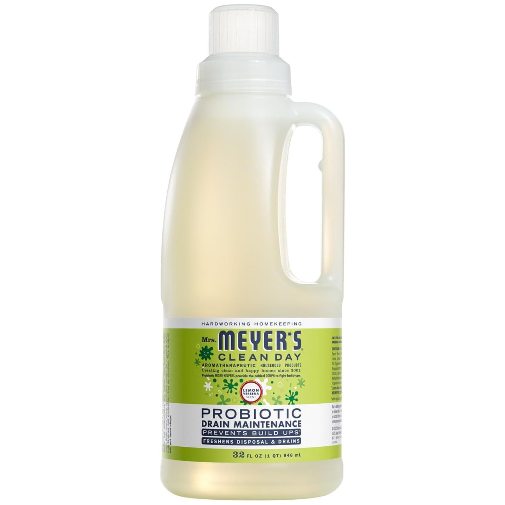 A clear plastic bottle of drain cleaner with a green label