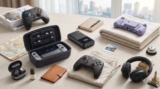 The 8BitDo Ultimate 2, Iniu Power Bank, Belkin Charging Case Pro, SteelSeries Arctis GameBuds, Nacon Protection Case XL for Switch 2, and Turtle Beach Rematch Wireless Controller in a hotel room.