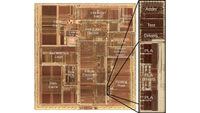 A die photo of the original Pentium processor with its blocks labeled. The image is made of red and brown blocks, with one tiny segment zoomed and enhanced into.