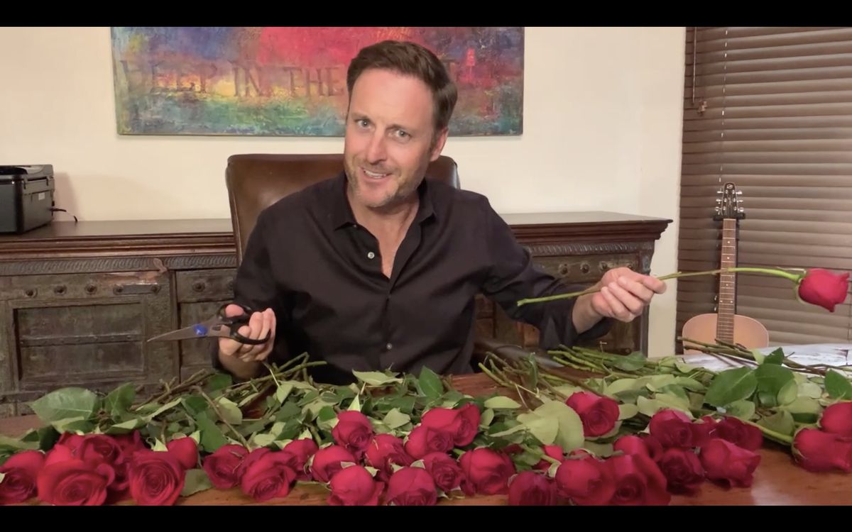 &#039;The Bachelor&#039; host Chris Harrison prunes roses during an Emmys 2020 segment.