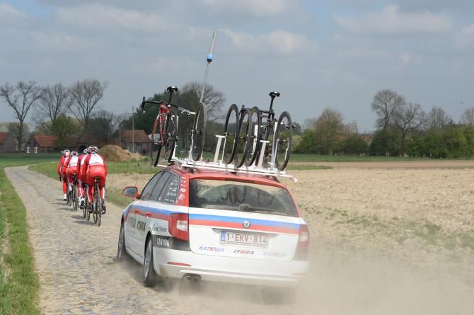 A Team Katusha car out on the pave