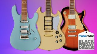 Image of three Harley Benton guitars on a gradient background