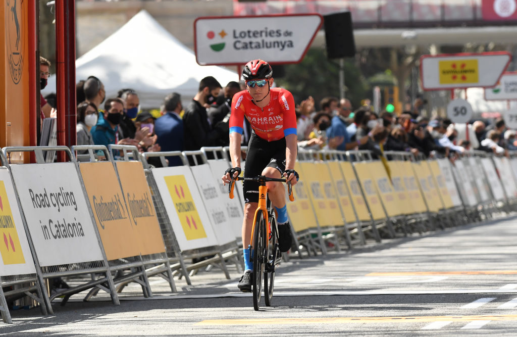 BARCELONA SPAIN  MARCH 28 Arrival  Matej Mohoric of Slovenia and Team Bahrain Victorious during the 100th Volta Ciclista a Catalunya 2021 Stage 7 a 133km stage from Barcelona to Barcelona  VoltaCatalunya100  on March 28 2021 in Barcelona Spain Photo by David RamosGetty Images