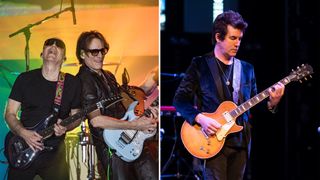 Joe Satriani and Steve Vai perform onstage (left), Pete Thorn performs onstage