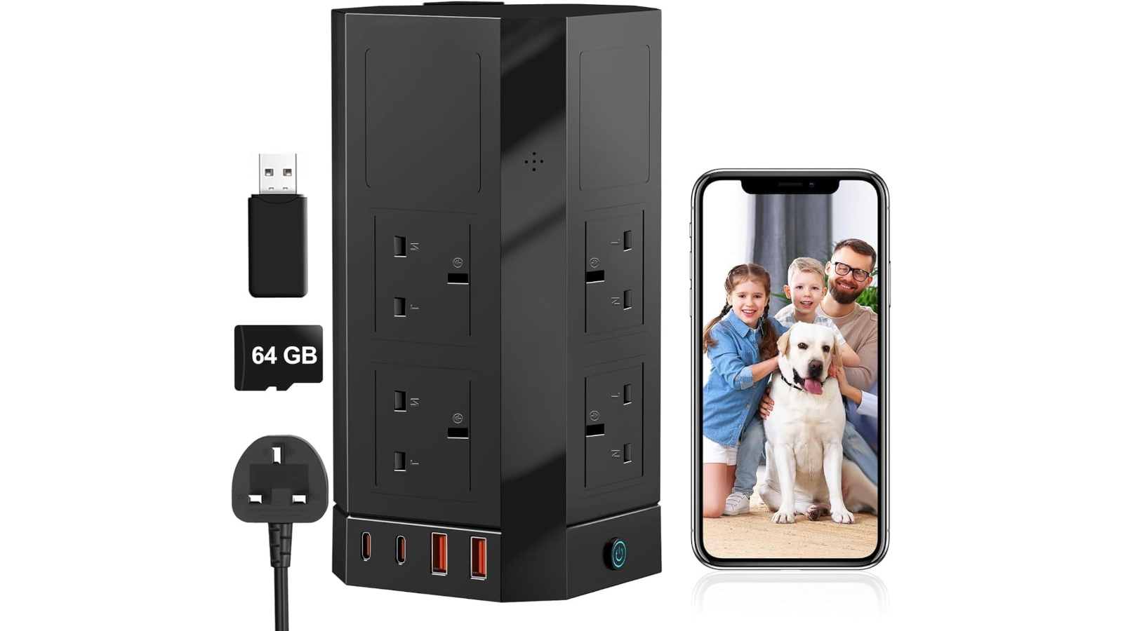 Power strip camera shown with accessories such as plug, SD card and connected smartphone