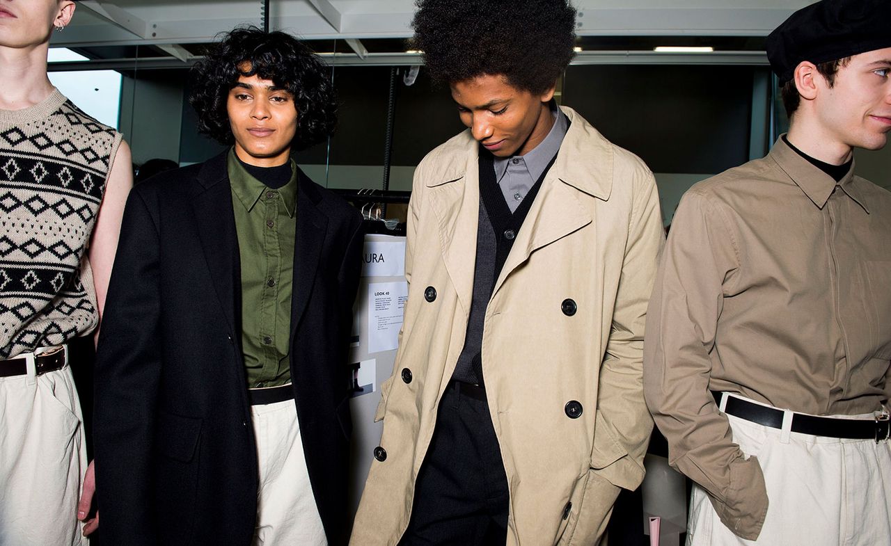 A wax jacket came cropped and with a cinching narrow silhouette.