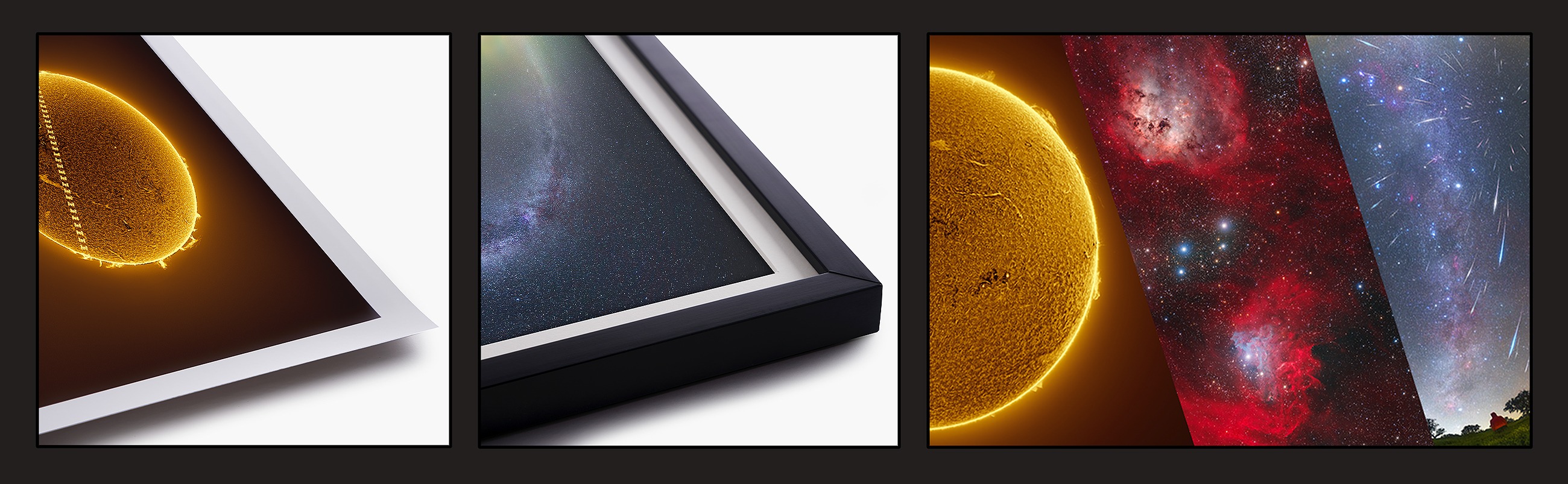 three colorful images of the sun, a wispy cloud of gas in space, and a meteor shower, all in picture frames