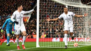 Kylian Mbappe celebrates scoring PSG’s second goal against Manchester United