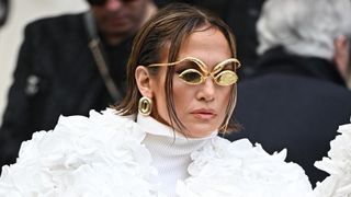 Jennifer Lopez is pictured with a wet-look bell-bottom bob whilst she attends the Schiaparelli Haute Couture Spring/Summer 2024 show as part of Paris Fashion Week on January 22, 2024 in Paris, France.