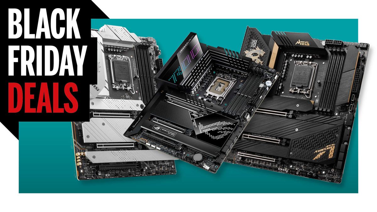 Three motherboards on a colored background, with a Black Friday deals logo