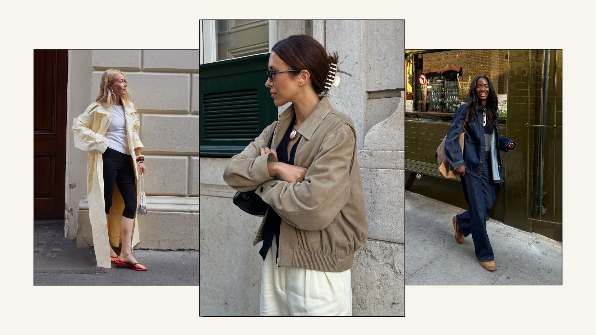 Woman wear yellow trench coat, woman wears suede jacket, woman wears denim jacket