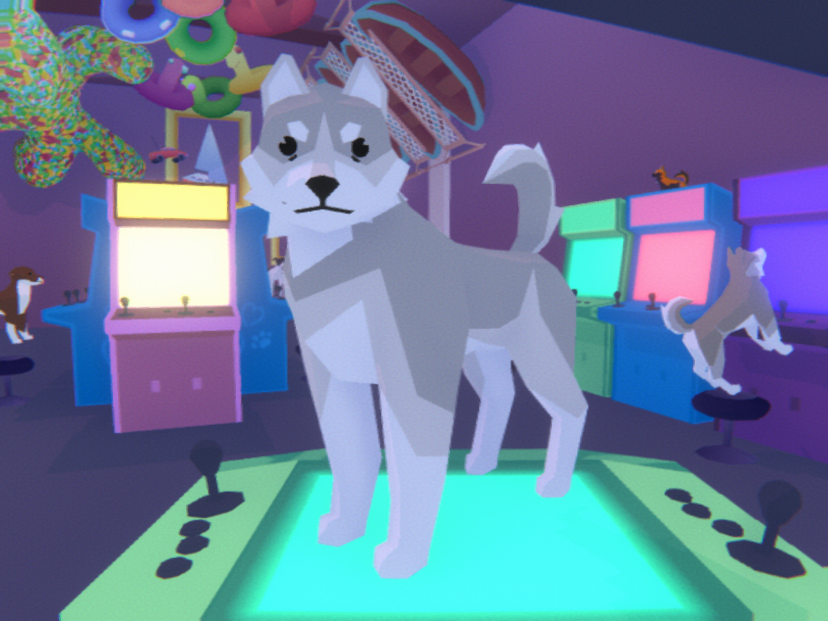 A dog stands on a table in an arcade