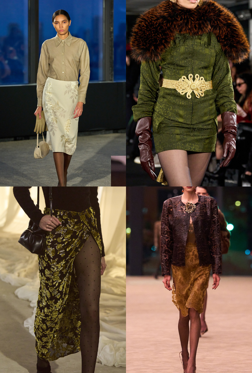 Four images of brocade skirts from the fall winter 2026 runways, including a cream floral skirt, a brocade green mini skirt, brocade maxi and lace skirt