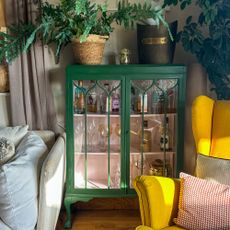 Green glass fronted cabinet holding home bar supplies, tipped with potted plants in living room