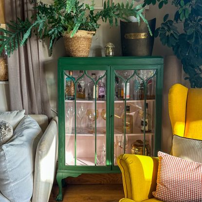 Green glass fronted cabinet holding home bar supplies, tipped with potted plants in living room