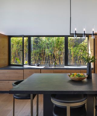 modern wood and black kitchen with black countertops and island top, crittall windows, black lighting,