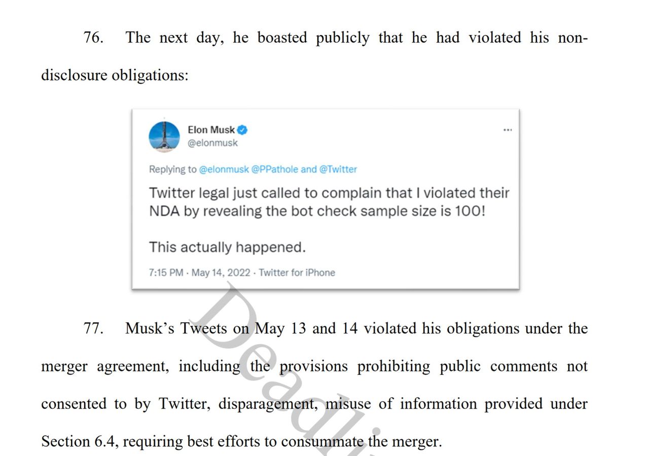 Elon Musk tweet excerpted from Twitter lawsuit