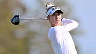 Nelly Korda holds her finish on a drive