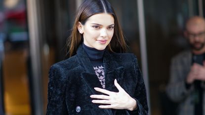 new york, new york february 08 kendall jenner wears a turtleneck pullover, a black fluffy long coat, outside longchamp, during new york fashion week fall winter 2020, on february 08, 2020 in new york city photo by edward berthelotgetty images