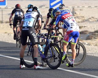 Tom Boonen and Peter Sagan after a crash on stage one of the 2015 Tour of Qatar