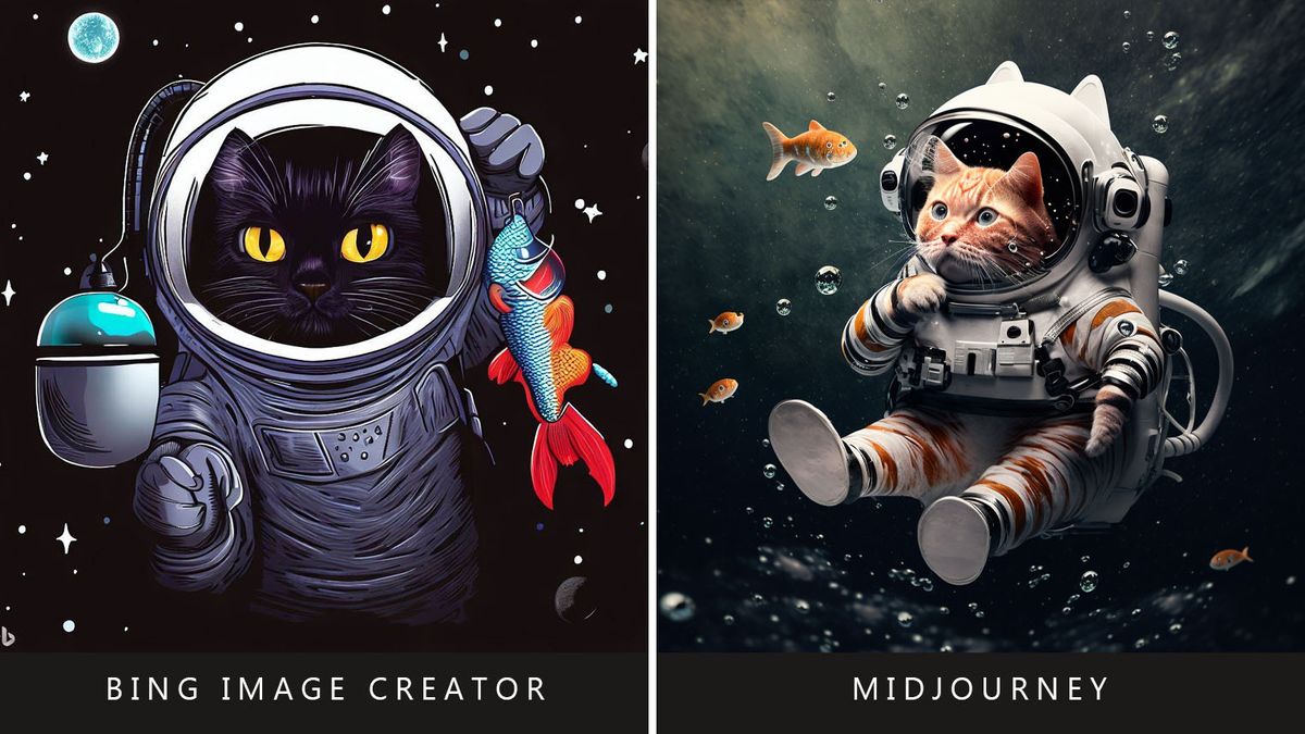 Bing Image Creator vs Midjourney prompt: Cat astronaut in space with a fish.