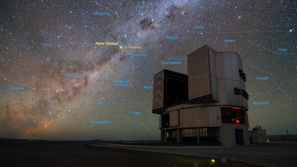 Alpha Centauri above ESO's Very Large Telescope which stands in the foreground of the image with the milky way stretching across the night sky.