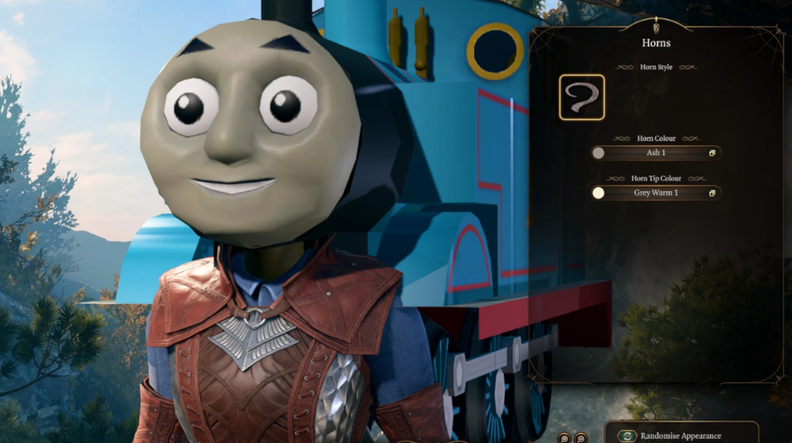 Thomas the Tank Engine stares into the distance, remembering his crimes, in Baldur's Gate 3.