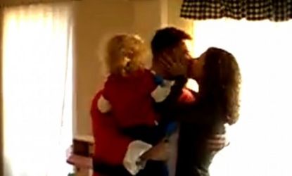 Dressed as Santa, this soldier surprises his wife and young daughter who didn't expect him home until well after the holidays.