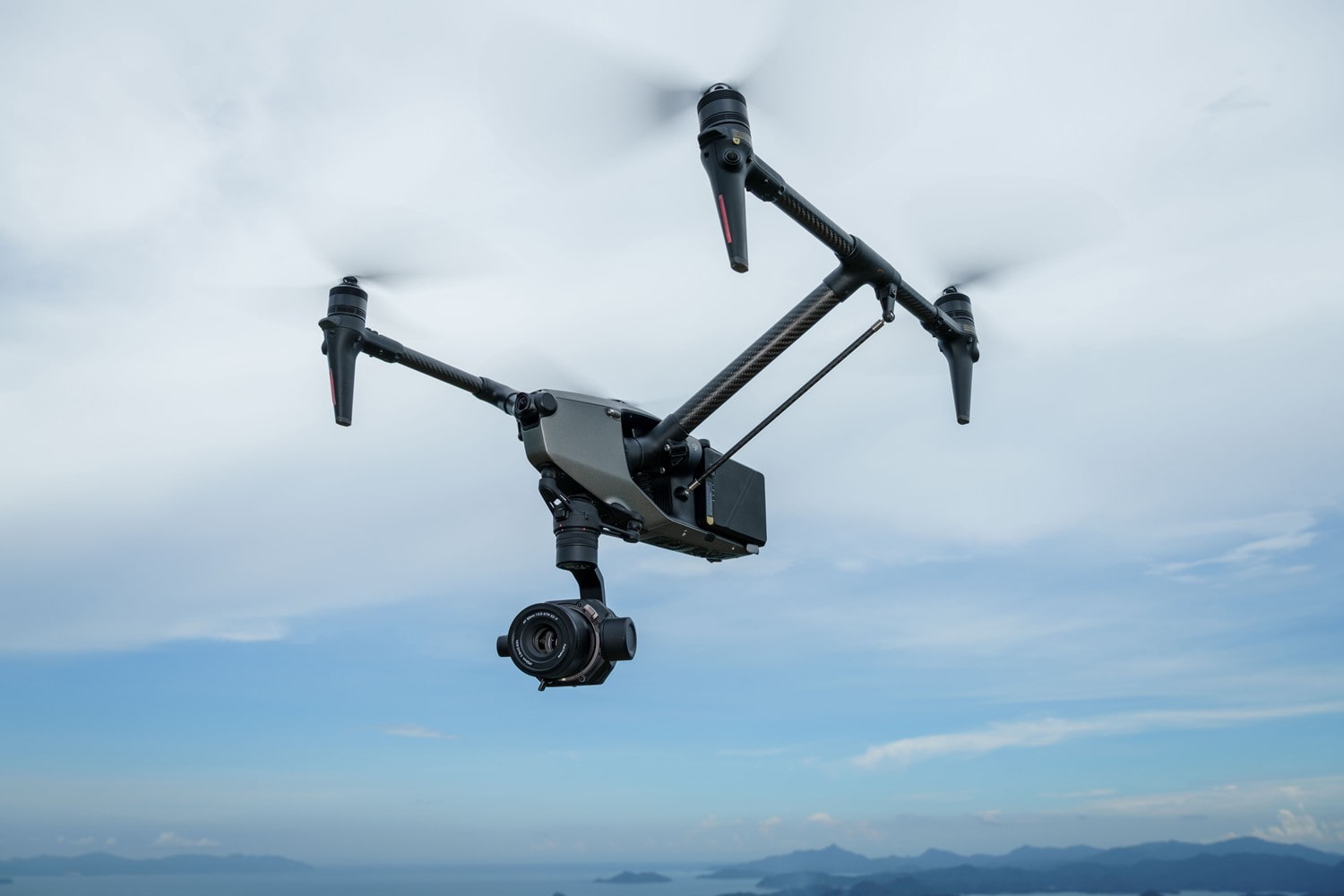 DJI Inspire 3 drone in flight with Viltrox AF 90mm F3.5 DL fitted