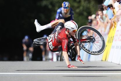 LEUGGERN, SWITZERLAND - JUNE 14: Liam Slock of Belgium and Team Lotto Intermarche crashes at the finish line during the 62nd GP Gippingen 2026 a 173.8km one day race from Leuggern to Leuggern on June 14, 2026 in Leuggern, Switzerland. (Photo by Heinz Zwicky/Getty Images)