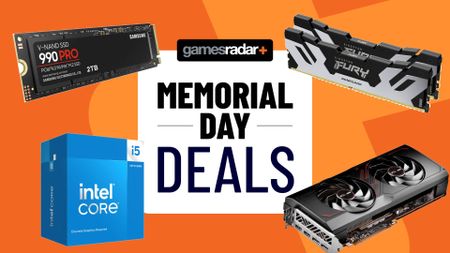 Memoral Day Newegg deals banner with GamesRadar+ badge surrounded by Intel CPU box, Kingston RAM, RX 7800 XT GPU, and Samsung SSD