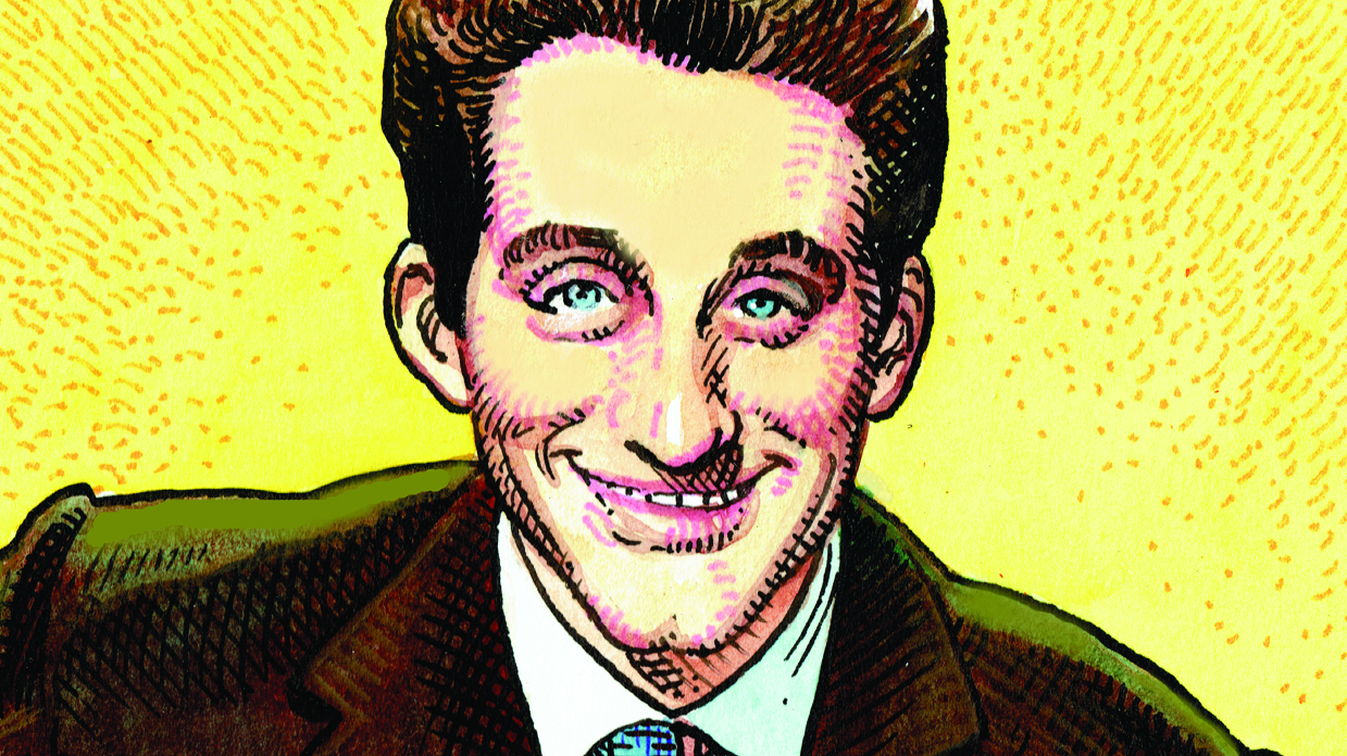 William Stout&#039;s painting of Lonnie Donegan, smiling, against a yellow background.