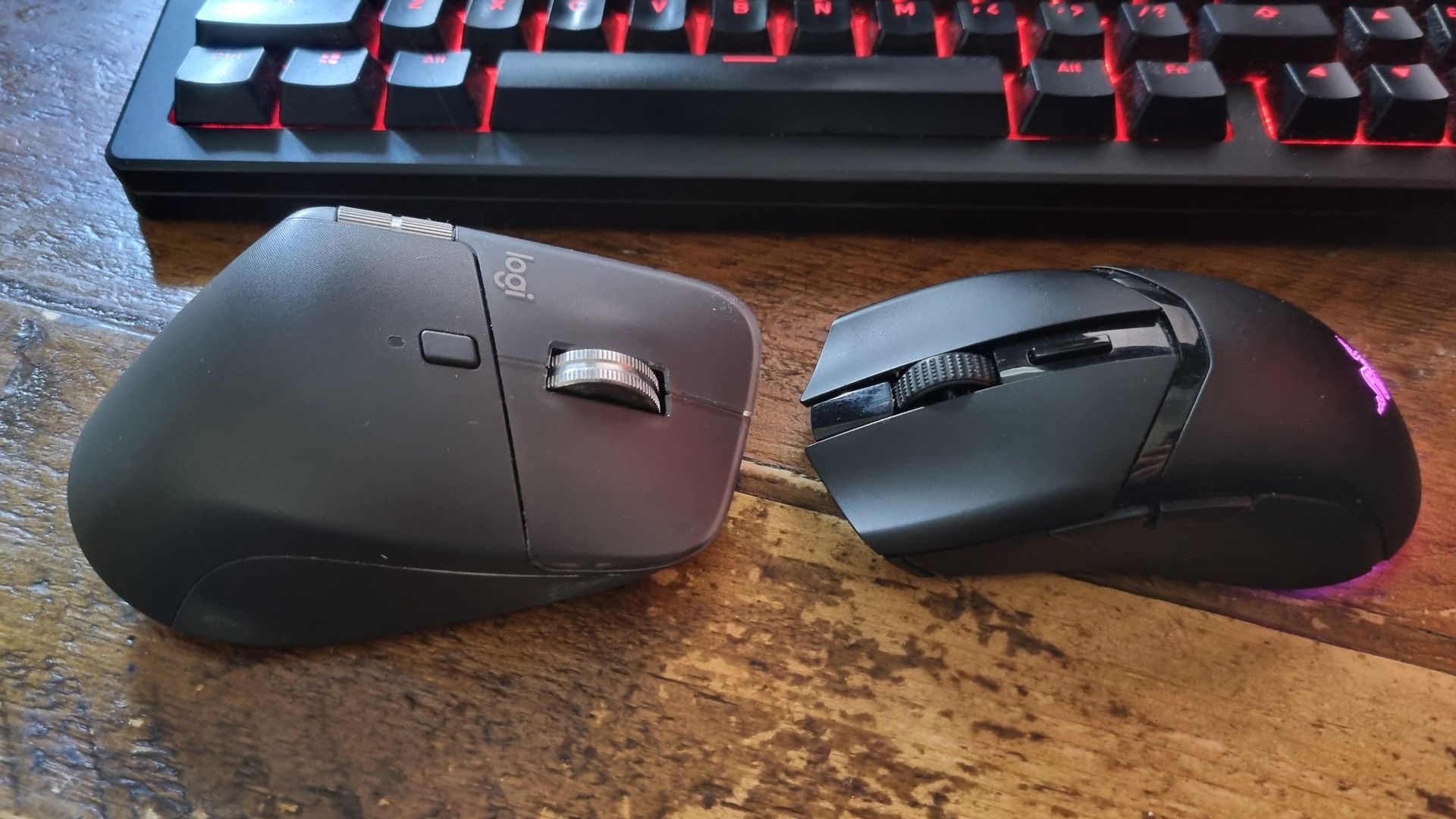 An ergonomic mouse and a gaming mouse, facing each other