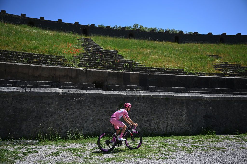 POMPEI ITALY MAY 14 Tadej Pogacar of Slovenia and UAE Team Emirates Pink Leader Jersey prior to the 107th Giro dItalia 2024 Stage 10 a 142km stage from Pompei to Cusano Mutri Bocca della Selva 1389m Amphitheater of Pompei UCIWT on May 14 2024 in Pompei Italy Photo by Dario BelingheriGetty Images