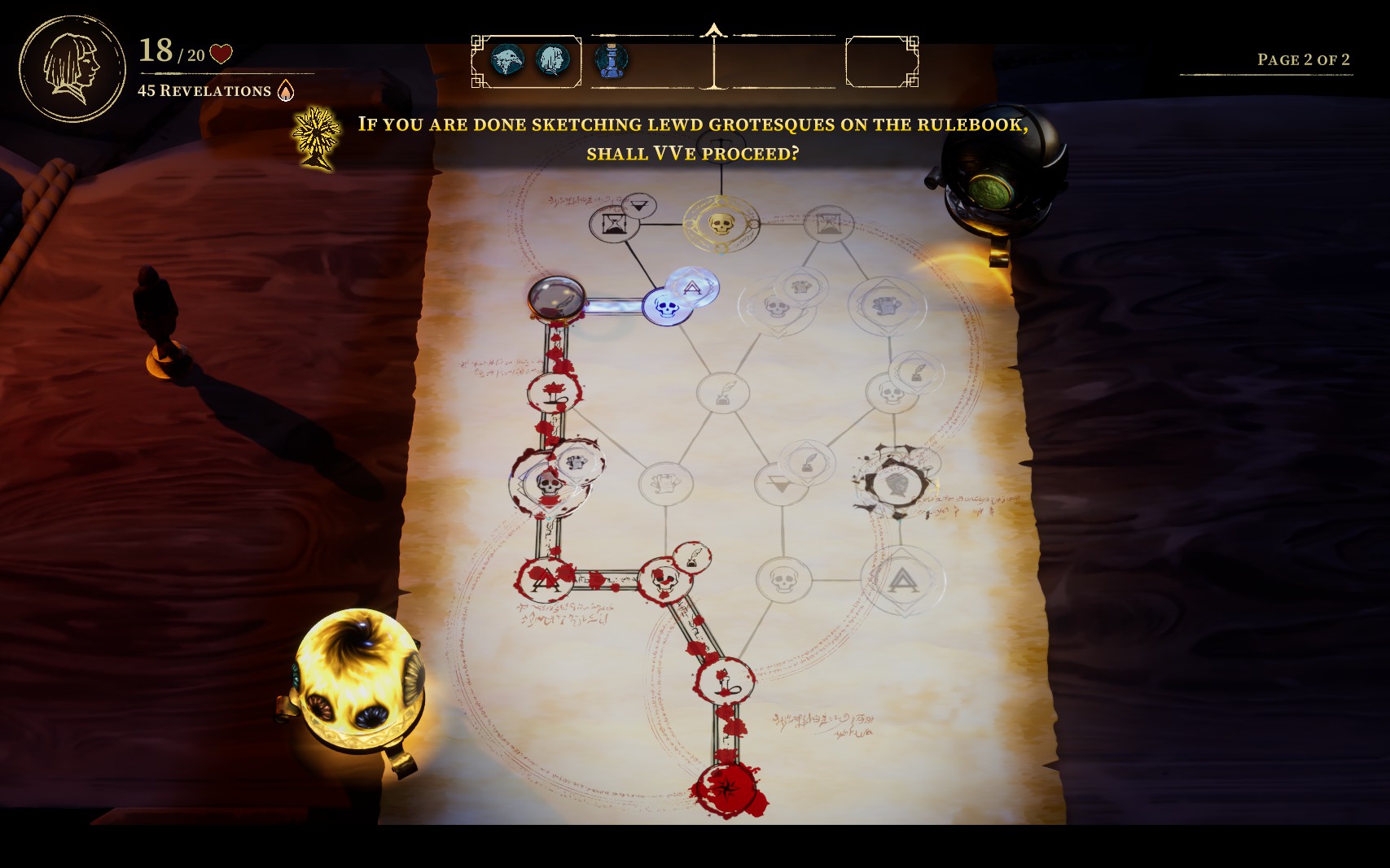 A branch of nodes etched in blood on a parchment page