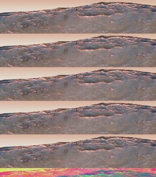 This composite image shows odd lines on slopes of Mars' Horowitz Crater, which scientists say suggest the presence of liquid salt water. These images show the central structure of Horowitz Crater, including central peaks and pits. The arrows mark locations of the odd slope features.