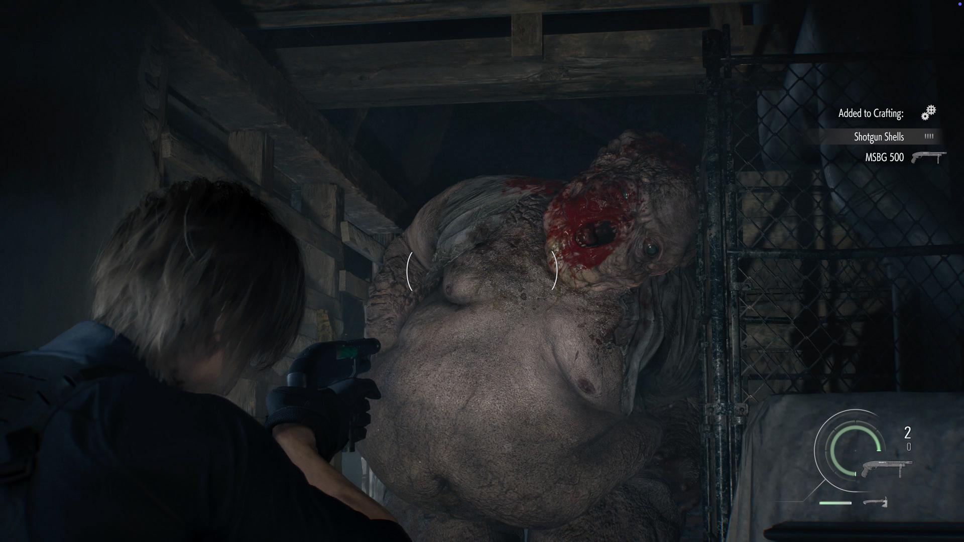 In an attic space, Leon Kennedy aims a shotgun at a bloated zombie too big for the corridor as it shambles towards him with a blood-soaked mouth in Resident Evil Requiem