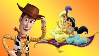 Woodie from Toy Story and Alladin with Jasmine on a flying carpet from Disney animations