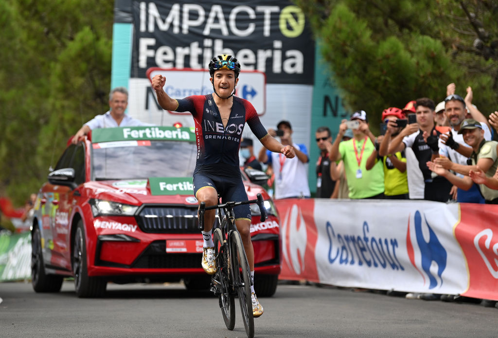 ESTEPONA SPAIN SEPTEMBER 01 Richard Carapaz of Ecuador and Team INEOS Grenadiers celebrates at finish line as stage winner during the 77th Tour of Spain 2022 Stage 12 a 1927km stage from Salobrea Peas Blancas Estepona 1260m LaVuelta22 WorldTour on September 01 2022 in Estepona Spain Photo by Justin SetterfieldGetty Images