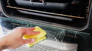 person demonstrating how to clean an oven with an oven cleaning solution