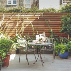 Metal bistro set table and chairs in garden surrounded by potted plants and climbing plants