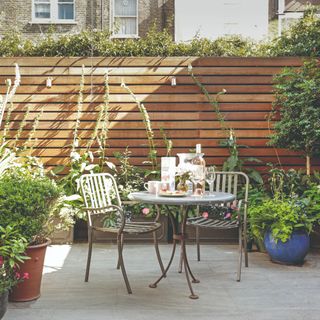 Metal bistro set table and chairs in garden surrounded by potted plants and climbing plants