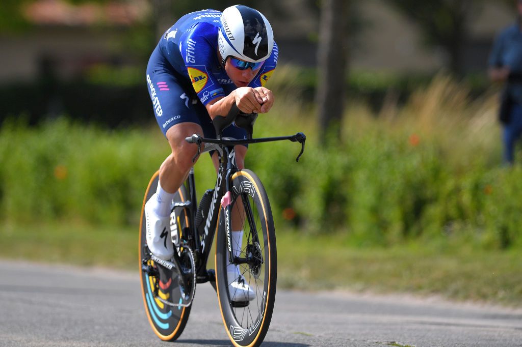 INGELMUNSTER BELGIUM JUNE 16 Remco Evenepoel of Belgium during the 122th Belgian Road Championship 2021 Mens Individual Time Trial a 376km race from Ingelmunster to Ingelmunster ITT bkingelmunster belgiancycling on June 16 2021 in Ingelmunster Belgium Photo by Luc ClaessenGetty Images