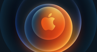 Apple's iPhone 12 teaser shows an orange Apple logo on a blue circular background